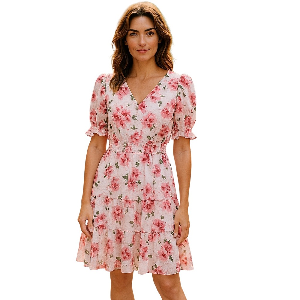 RACHEL ZOE Womens Pink Floral Small Dress S/S Midi Flowy Wedding Summer Vacation